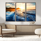 86173-MGV-FC-48X32-3P_Walnut-Golden Sunset Beach Wall Art – Reflective Ocean Canvas Print with Mountains and Waves, Coastal Nature Decor for Living Room,