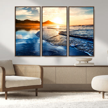 86173-MGV-FC-48X32-3P_Walnut-Golden Sunset Beach Wall Art – Reflective Ocean Canvas Print with Mountains and Waves, Coastal Nature Decor for Living Room,