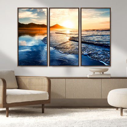 86173-MGV-FC-48X32-3P_Walnut-Golden Sunset Beach Wall Art – Reflective Ocean Canvas Print with Mountains and Waves, Coastal Nature Decor for Living Room,