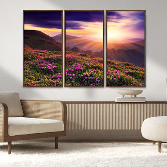 49741-MGV-FC-48X32-3P_Walnut-Mountain Sunrise Wall Art – Vibrant Floral Landscape Canvas Print, Nature Home Decor for Living Room, Bedroom Office or Cabin