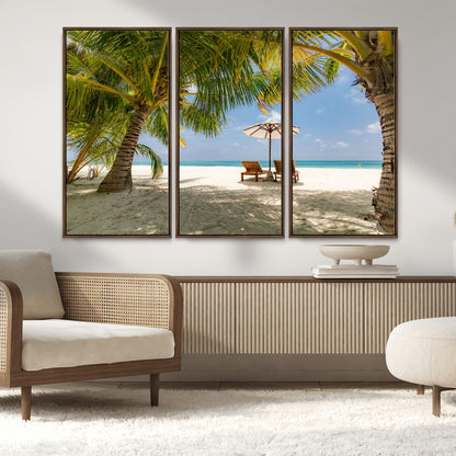 83601-MGV-FC-48X32-3P_Walnut-Tropical Beach Wall Art – Serene Palm Trees and Lounge Chairs Canvas Print, Relaxing Coastal Decor for Living Room, Bedroom or