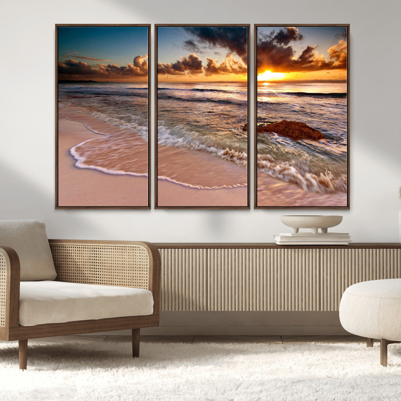 38302-MGV-CV-36X24-Sunset Beach Wall Art – Stunning Ocean Waves and Rock Canvas Print, Warm Coastal Decor for Living Room, Bedroom, Office or Beach