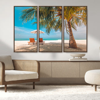 69754-MGV-FC-48X32-3P_Walnut-Tropical Beach Wall Art – Relaxing Palm Tree and Lounge Chairs Canvas Print, Serene Coastal Decor for Living Room, Bedroom, Office