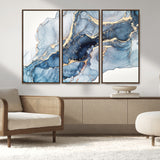 33782-MGV-FC-48X32-3P_Walnut-Abstract Marble Wall Art – Blue & Gold Fluid Painting Canvas Print, Modern Home Decor for Living Room, Bedroom or Office