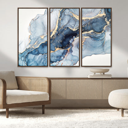 33782-MGV-FC-48X32-3P_Walnut-Abstract Marble Wall Art – Blue & Gold Fluid Painting Canvas Print, Modern Home Decor for Living Room, Bedroom or Office