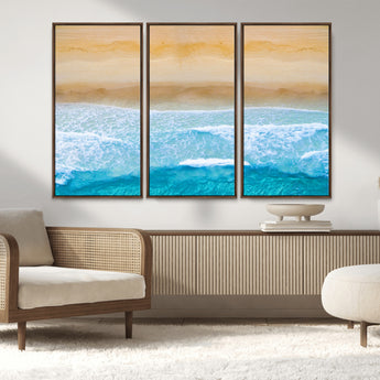 43046-MGV-FC-48X32-3P_Walnut-Aerial Beach Wall Art – Serene Ocean Waves & Sandy Shore Canvas Print, Coastal Home Decor for Living Room, Bedroom or Office