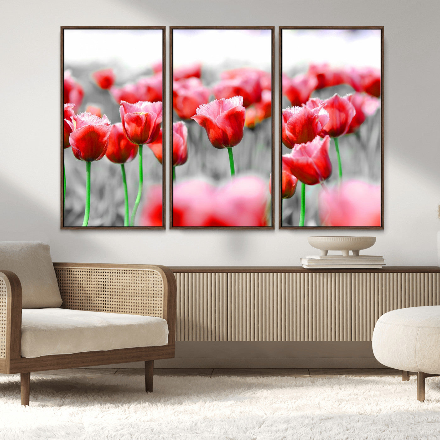 44554-MGV-FC-48X32-3P_Walnut-Vibrant red tulips stand out beautifully against a black-and-white background, making a striking decor piece perfect for any home
