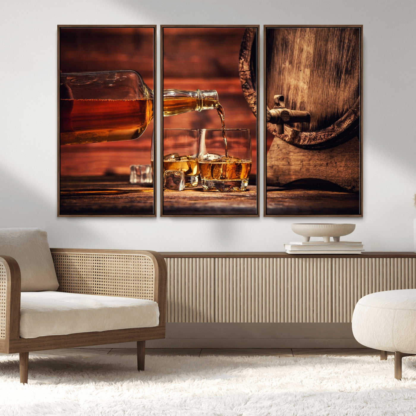 21266-MGV-CV-36X24-Pouring Whiskey into Glasses with Ice – Rustic Wooden Barrel Background, Warm Ambient Lighting, Ideal Decor for Home or Office