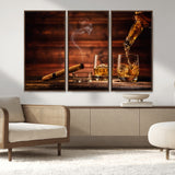 41139-MGV-FC-48X32-3P_Walnut-Whiskey and Cigar Still Life – Glasses with Ice and Pouring Amber Drink on Wooden Table with Smoke, Elegant Bar or Lounge Wall