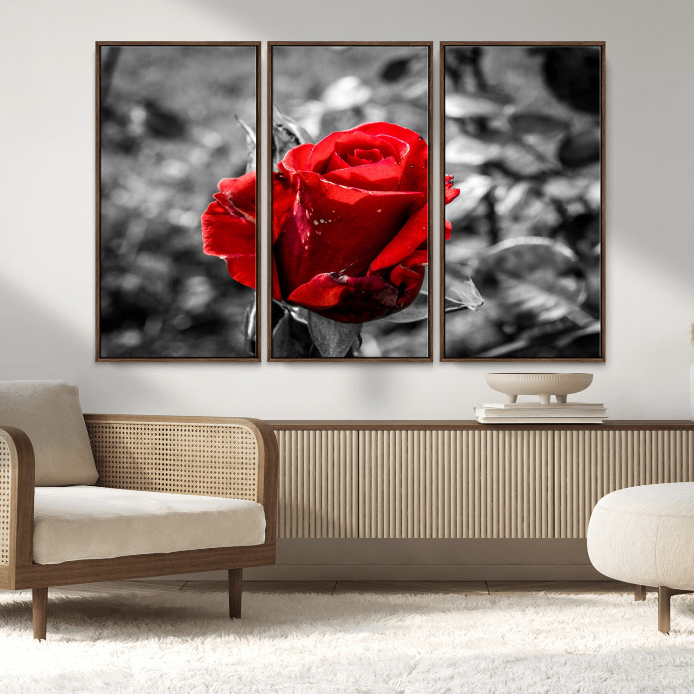 84671-MGV-FC-48X32-3P_Walnut-Red Rose Wall Art – Vibrant Single Bloom Canvas Print with Black and White Background, Elegant Floral Decor for Living Room,