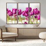 30632-MGV-FC-48X32-3P_Walnut-Purple Tulip Field Wall Art – Beautiful Spring Flowers Canvas Print with Soft Focus and Bright Sky, Ideal Floral Decor for Home or