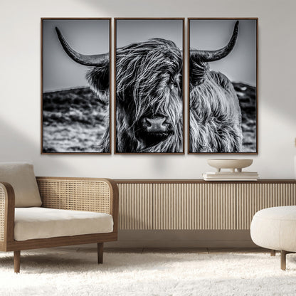 97372-MGV-CV-36X24-Elegant Highland Cow Wall Art – Black and White Canvas Print, Rustic Nature Decor for Home, Office, Living Room or Man Cave