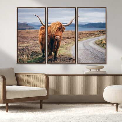 56121-MGV-FC-48X32-3P_Walnut-Rustic Highland Cow Wall Art – Panoramic Nature Canvas Print, Perfect Decor for Home, Office, Living Room or Man Cave