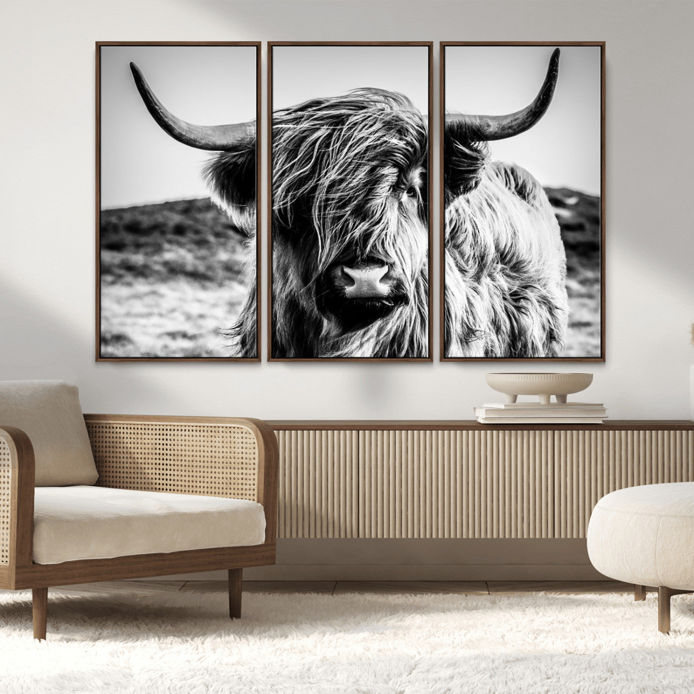 36979-MGV-FC-48X32-3P_Walnut-Striking black-and-white portrait of a Highland cow with flowing fur and majestic horns, perfect for rustic and elegant home or