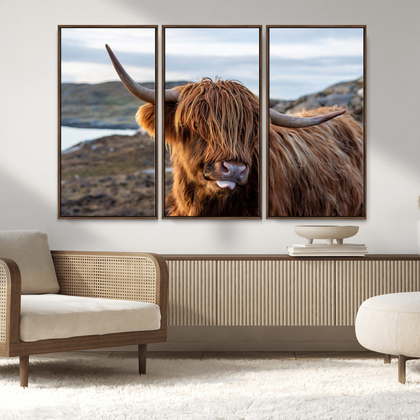 71222-MGV-CV-36X24-A playful Highland cow with shaggy fur sticks out its tongue, set against a rugged landscape — perfect for quirky home or office