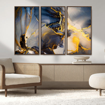 42100-MGV-CV-36X24-Golden Flow Abstract Wall Art – Panoramic Modern Blue and Gold Canvas Print, Contemporary Artistic Decor for Home, Office