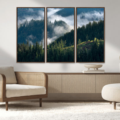 55972-MGV-FC-48X32-3P_Walnut-Whispering Pines Wall Art – Panoramic Misty Forest Canvas Print, Serene Nature Decor for Home, Office or Cabin Retreat