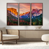 24519-MGV-FC-48X32-3P_Walnut-Yosemite Valley Sunset Wall Art – Majestic Mountain Landscape with Waterfall and Vibrant Sky, Nature Photography for Home or