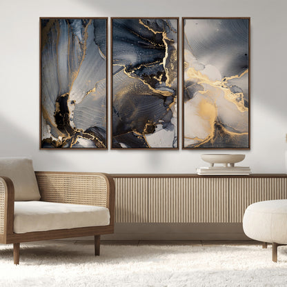 24068-MGV-FC-48X32-3P_Walnut-Luxury Abstract Wall Art – Gold & Gray Fluid Ink Painting Canvas, Modern Metallic Home Decor, Elegant Office or Living Room Accent