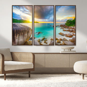 23769-MGV-FC-48X32-3P_Walnut-Tropical Beach Sunset Wall Art – Serene Ocean Canvas Print, Coastal Landscape Decor for Living Room, Bedroom or Office, Peaceful