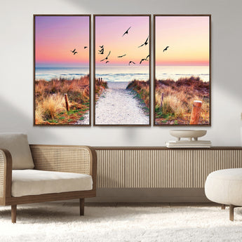 54411-MGV-FC-48X32-3P_Walnut-Coastal Path Sunrise Wall Art – Serene Ocean Canvas Print, Beach Landscape Decor for Living Room, Bedroom or Office, Peaceful