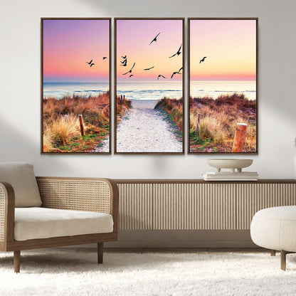 54411-MGV-FC-48X32-3P_Walnut-Coastal Path Sunrise Wall Art – Serene Ocean Canvas Print, Beach Landscape Decor for Living Room, Bedroom or Office, Peaceful