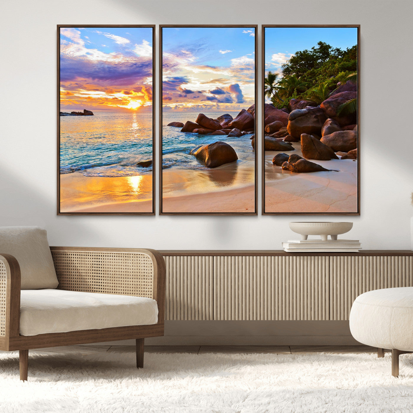 43209-MGV-CV-36X24-Tropical Beach Sunset Wall Art – Golden Ocean Waves and Palm Trees with Rocky Shore Canvas Print, Coastal Seascape Decor for
