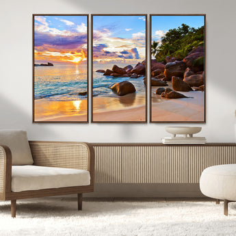43209-MGV-CV-36X24-Tropical Beach Sunset Wall Art – Golden Ocean Waves and Palm Trees with Rocky Shore Canvas Print, Coastal Seascape Decor for