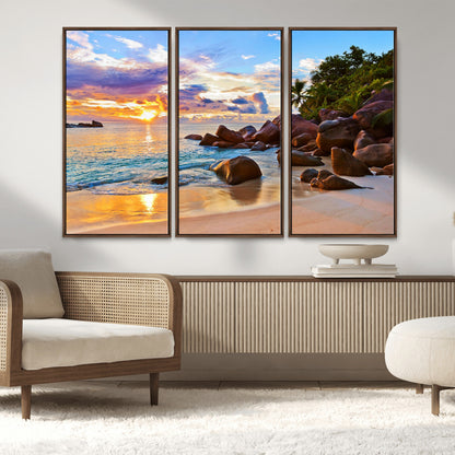 43209-MGV-CV-36X24-Tropical Beach Sunset Wall Art – Golden Ocean Waves and Palm Trees with Rocky Shore Canvas Print, Coastal Seascape Decor for