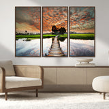 29105-MGV-CV-36X24-Rustic Wooden Bridge Wall Art – Scenic Sunset Over Rice Fields and Reflective Water Canvas Print, Nature Landscape Decor for
