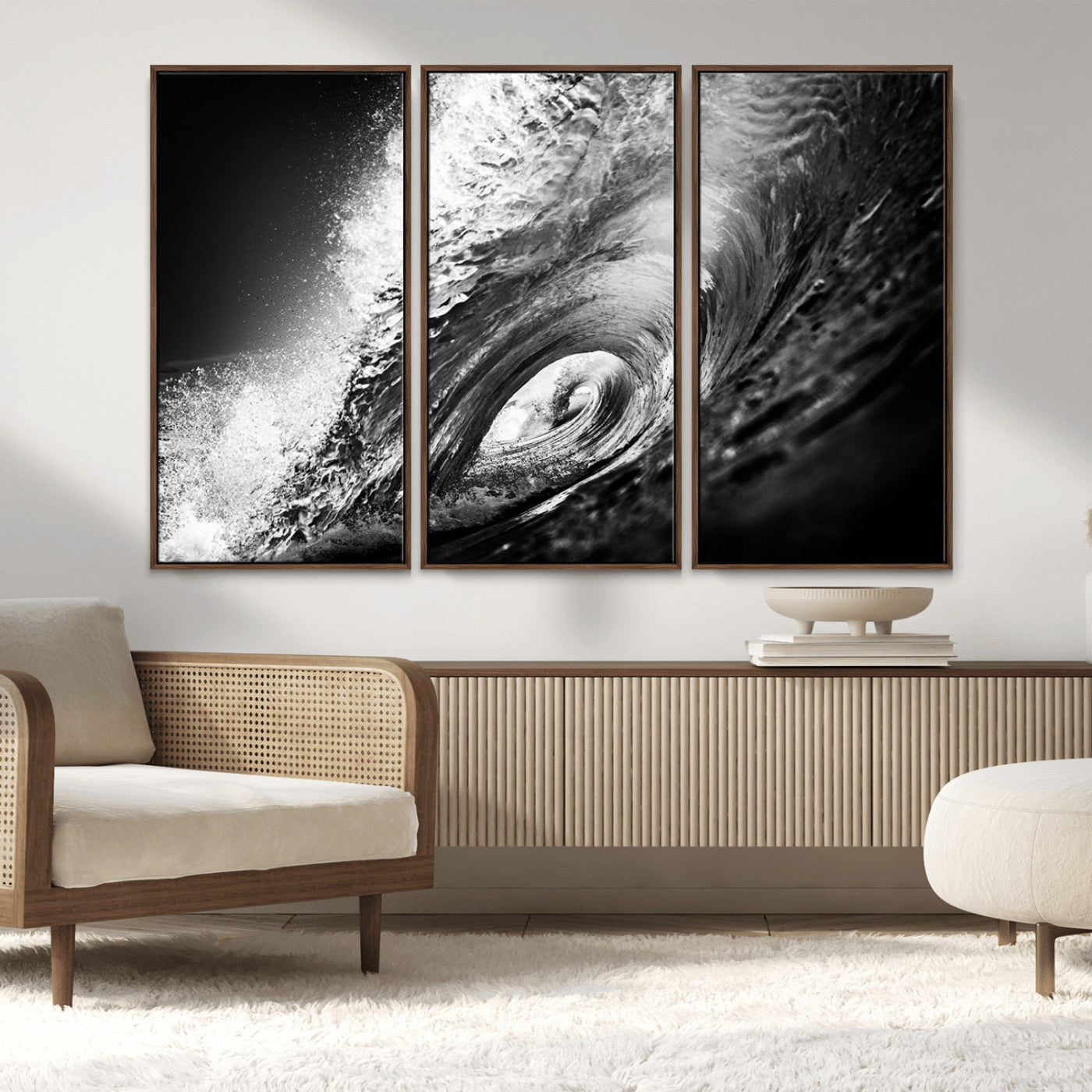 22702-MGV-CV-36X24-Black and White Ocean Wave Wall Art – Powerful Surf Curl Photography Canvas Print, Modern Coastal Decor for Living Room, Office or