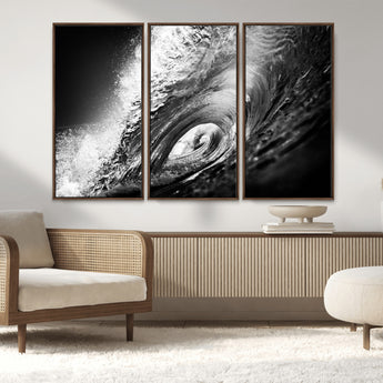 22702-MGV-CV-36X24-Black and White Ocean Wave Wall Art – Powerful Surf Curl Photography Canvas Print, Modern Coastal Decor for Living Room, Office or