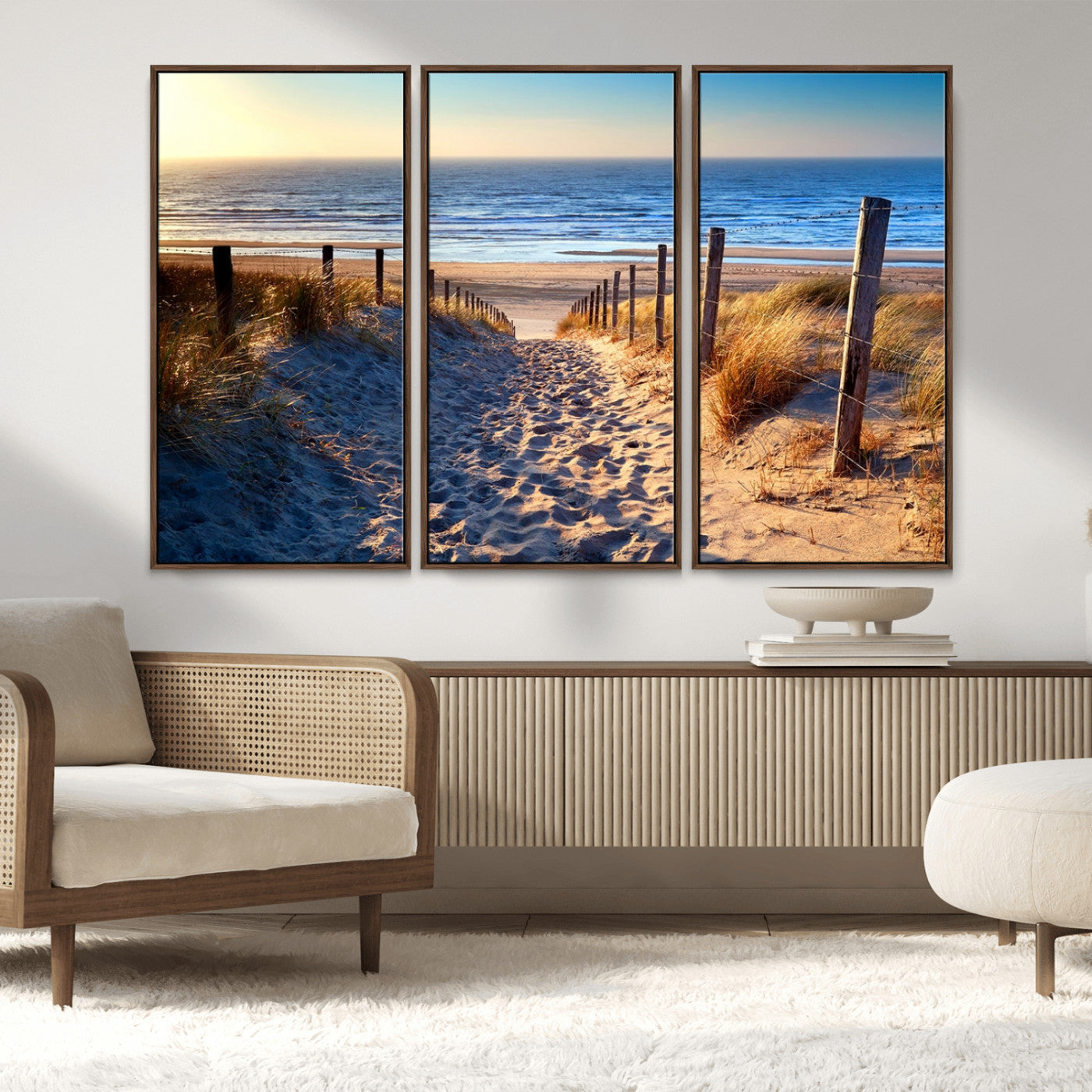 31889-MGV-CV-36X24-Sandy Beach Pathway Wall Art – Coastal Dune Fence and Ocean View Canvas Print, Relaxing Seaside Landscape Decor for Living Room or