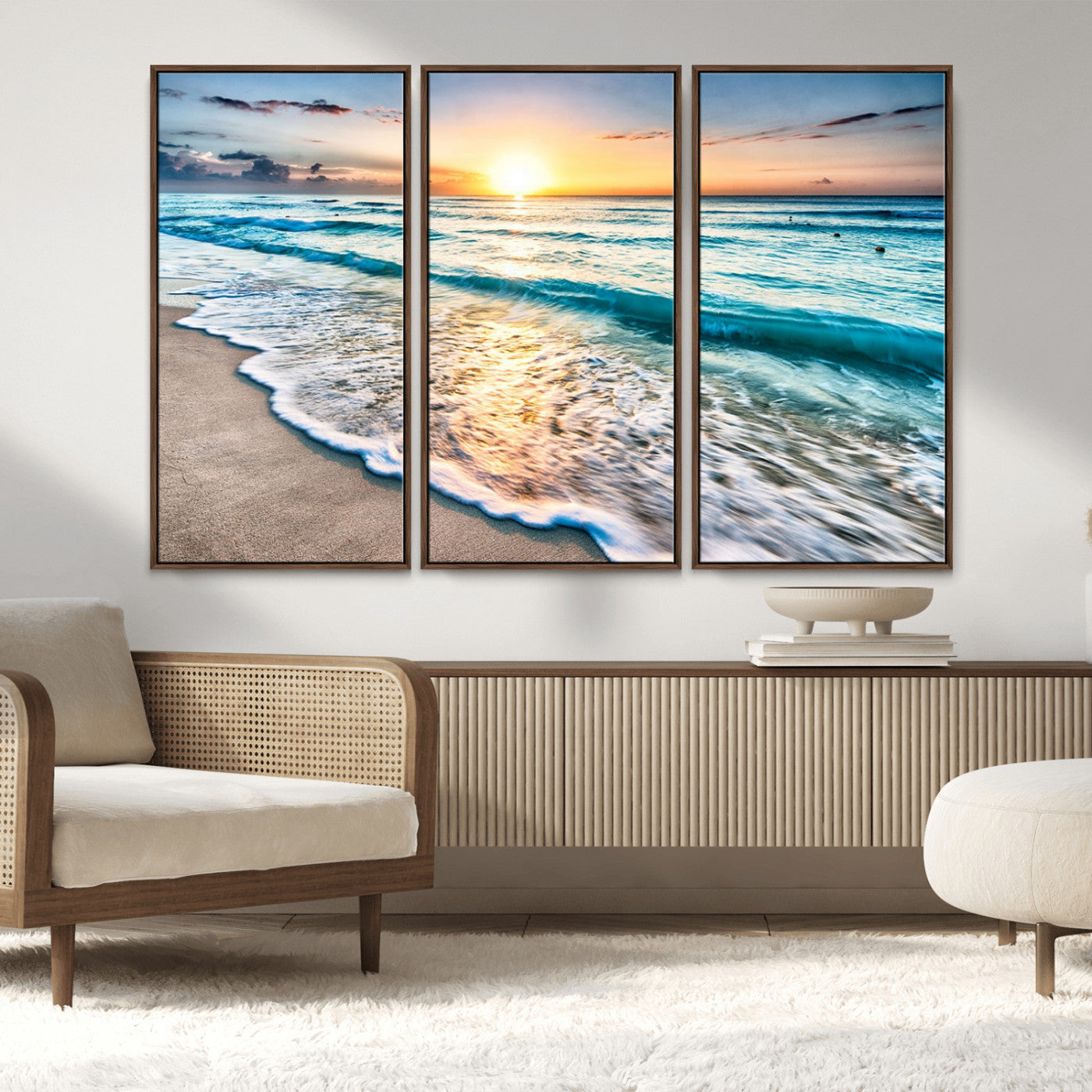 27815-MGV-CV-36X24-Ocean Sunrise Beach Wall Art – Serene Coastal Canvas Print with Waves and Golden Morning Light, Relaxing Seascape Decor for