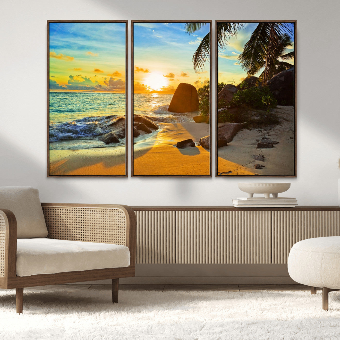 26181-MGV-CV-36X24-Golden Tropical Sunset Beach Wall Art – Ocean Canvas Print with Palm Trees and Rocks, Coastal Paradise Decor for Living Room or