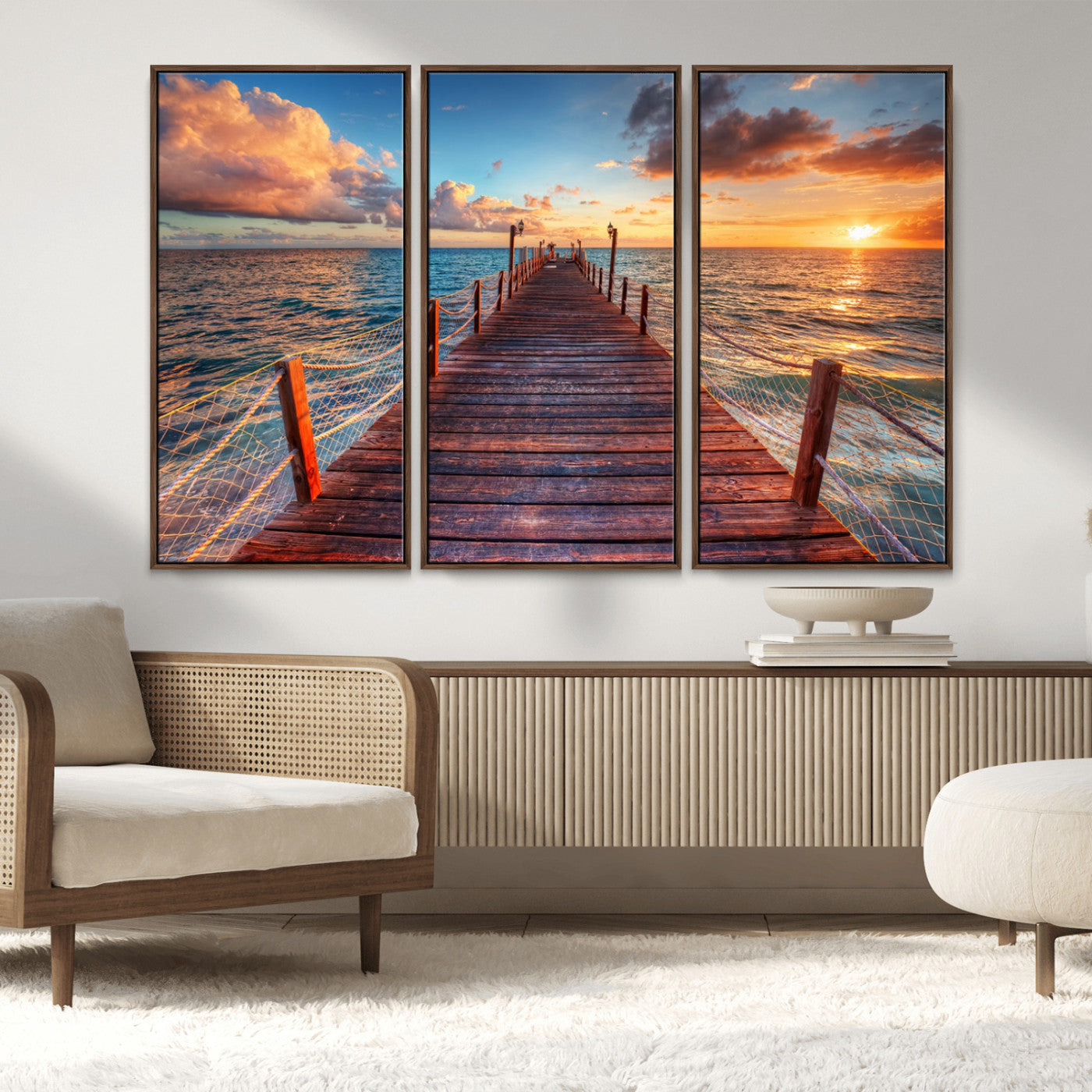 28836-MGV-CV-36X24-Ocean Pier Sunset Wall Art – Wooden Dock and Golden Horizon Canvas Print, Coastal Seascape Photography for Living Room, Bedroom,