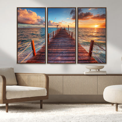 28836-MGV-CV-36X24-Ocean Pier Sunset Wall Art – Wooden Dock and Golden Horizon Canvas Print, Coastal Seascape Photography for Living Room, Bedroom,