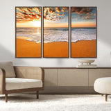 15399-MGV-CV-36X24-Golden Sunrise Beach Wall Art – Ocean Waves on Sandy Shore Canvas Print, Coastal Seascape Decor for Living Room or Bedroom