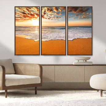 15399-MGV-CV-36X24-Golden Sunrise Beach Wall Art – Ocean Waves on Sandy Shore Canvas Print, Coastal Seascape Decor for Living Room or Bedroom