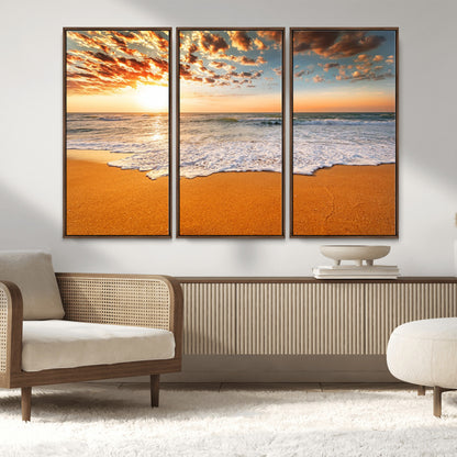 15399-MGV-CV-36X24-Golden Sunrise Beach Wall Art – Ocean Waves on Sandy Shore Canvas Print, Coastal Seascape Decor for Living Room or Bedroom