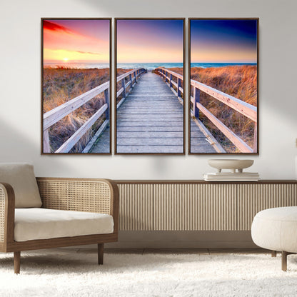 60625-MGV-CV-36X24-Beach Boardwalk Sunrise Wall Art – Coastal Pathway to Ocean Canvas Print, Seaside Landscape Decor for Home or Office