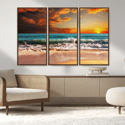 72948-MGV-CV-36X24-Ocean Sunset Wave Wall Art – Dramatic Seascape Canvas Print with Golden Sky and Crashing Waves, Coastal Beach Decor for Living