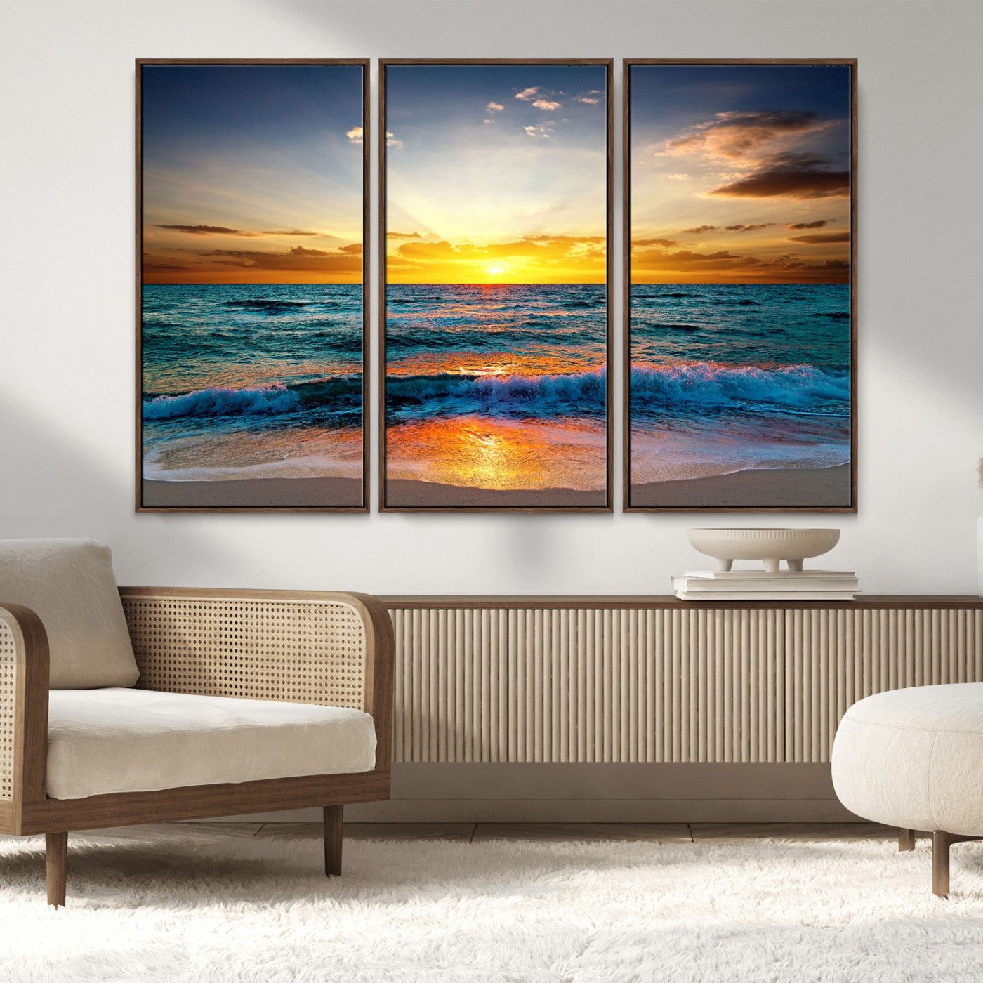 50627-MGV-CV-36X24-Ocean Sunset Wall Art – Serene Beach Canvas Print with Waves and Golden Sky, Coastal Decor for Living Room or Office