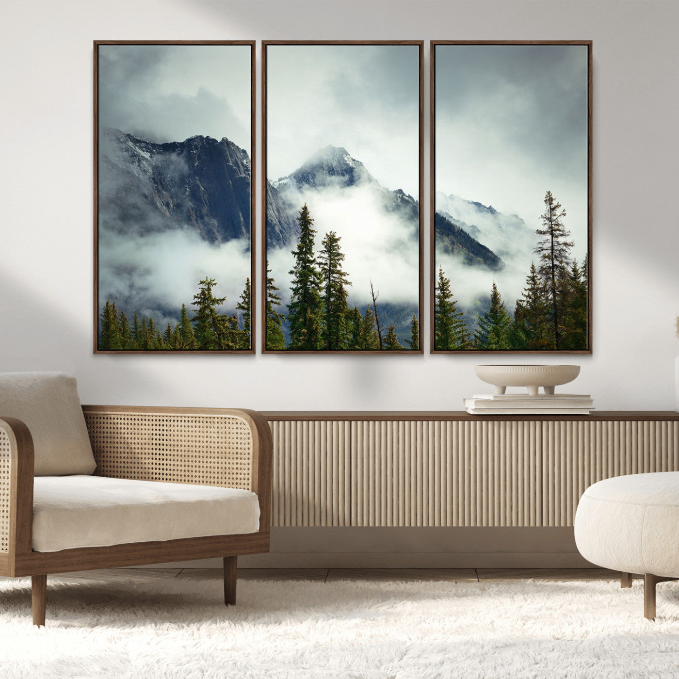 93219-MGV-FC-48X32-3P_Walnut-Misty Mountain Wall Art – Foggy Pines and Rocky Peaks Canvas Print, Nature Landscape Decor for Living Room, Office or Bedroom