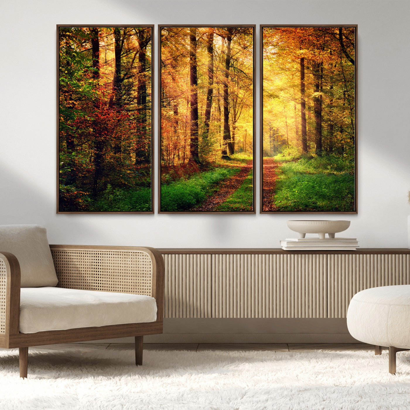 73494-MGV-CV-36X24-Golden Autumn Forest Path Wall Art – Sunlit Woodland Canvas Print, Fall Nature Landscape Home Decoration