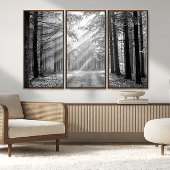 39665-MGV-CV-36X24-Black and White Forest Path Wall Art – Sunlight Rays in Trees Canvas Print, Nature Landscape Decor for Living Room