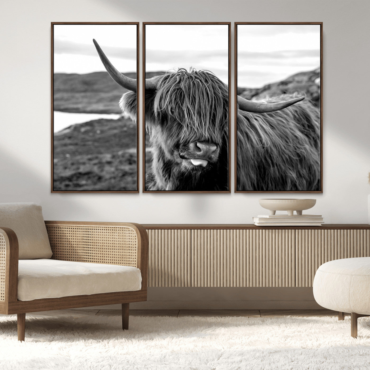 83810-MGV-FC-48X32-3P_Walnut-Highland Cow Wall Art – Black and White Highland Cattle Print, Rustic Farmhouse Animal Decor for Living Room or Office