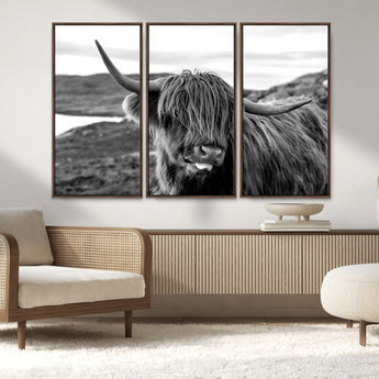83810-MGV-FC-48X32-3P_Walnut-Highland Cow Wall Art – Black and White Highland Cattle Print, Rustic Farmhouse Animal Decor for Living Room or Office