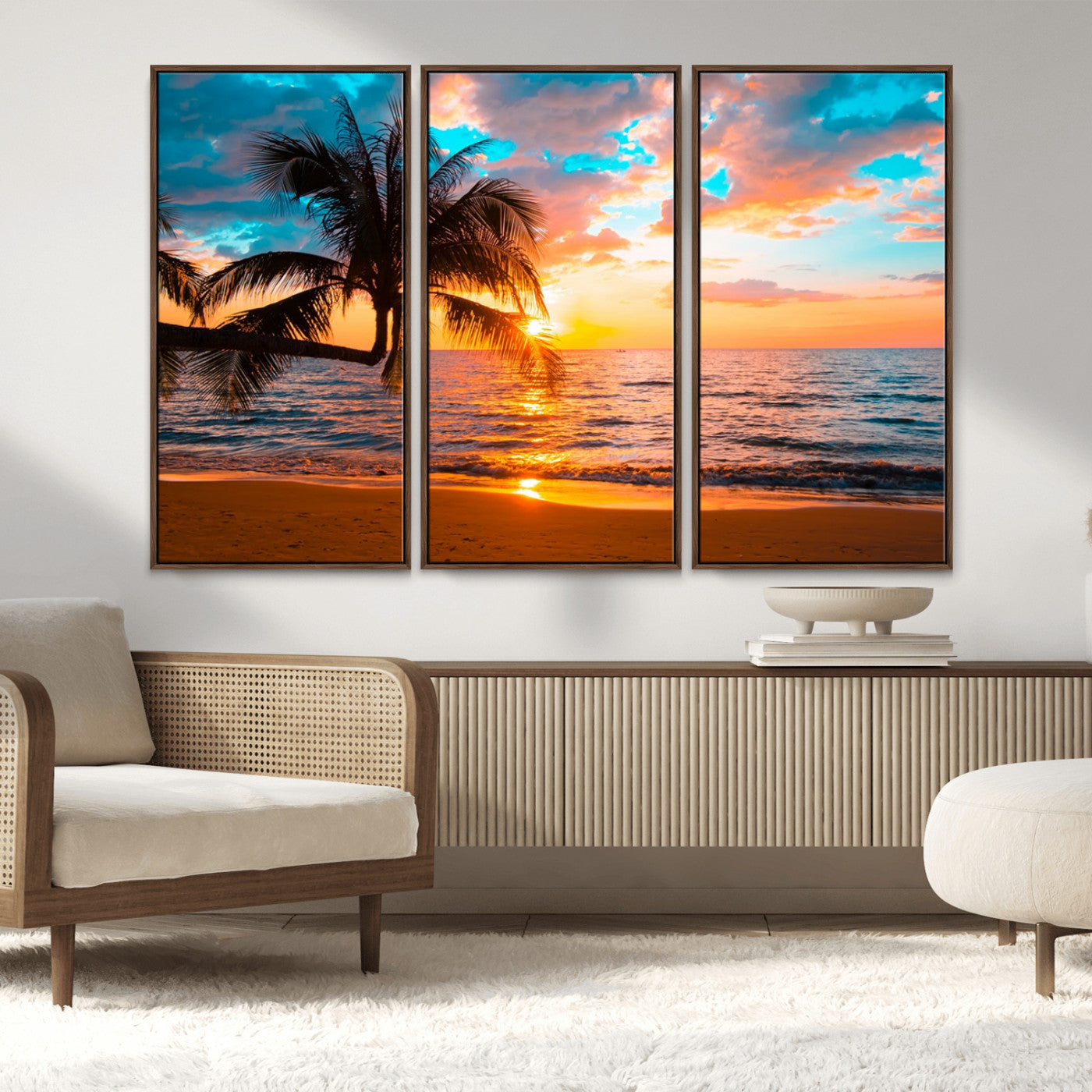 34674-MGV-CV-36X24-Tropical Sunset Beach Wall Art – Palm Tree Ocean Canvas Print, Coastal Seascape Decor for Living Room or Office Wall