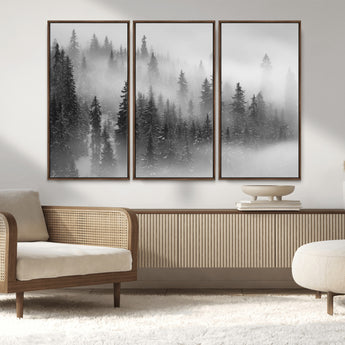 57235-MGV-CV-36X24-Misty Pine Forest Wall Art – Black and White Mountain Landscape Canvas Print, Nature Woodland Decor for Living Room, Bedroom or